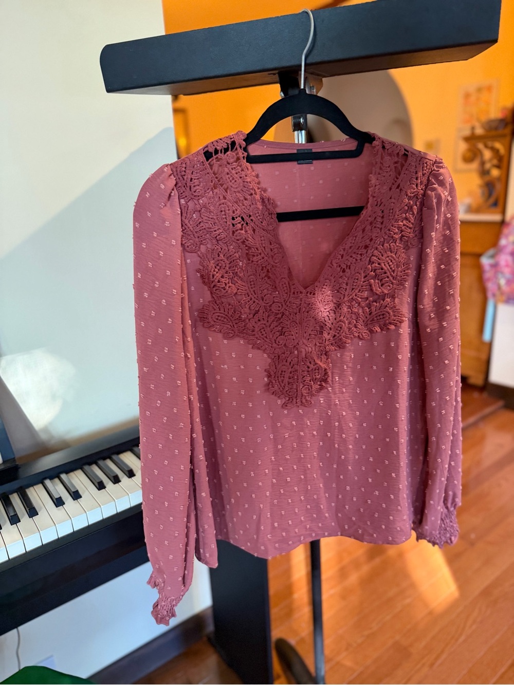Women’s Lace-Trim Long Sleeve Blouse - Dusty Rose- Medium